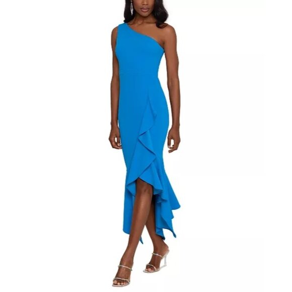 New XSCAPE Women's One-Shoulder High-Low Dress in Blue Size 12 - Picture 2 of 11
